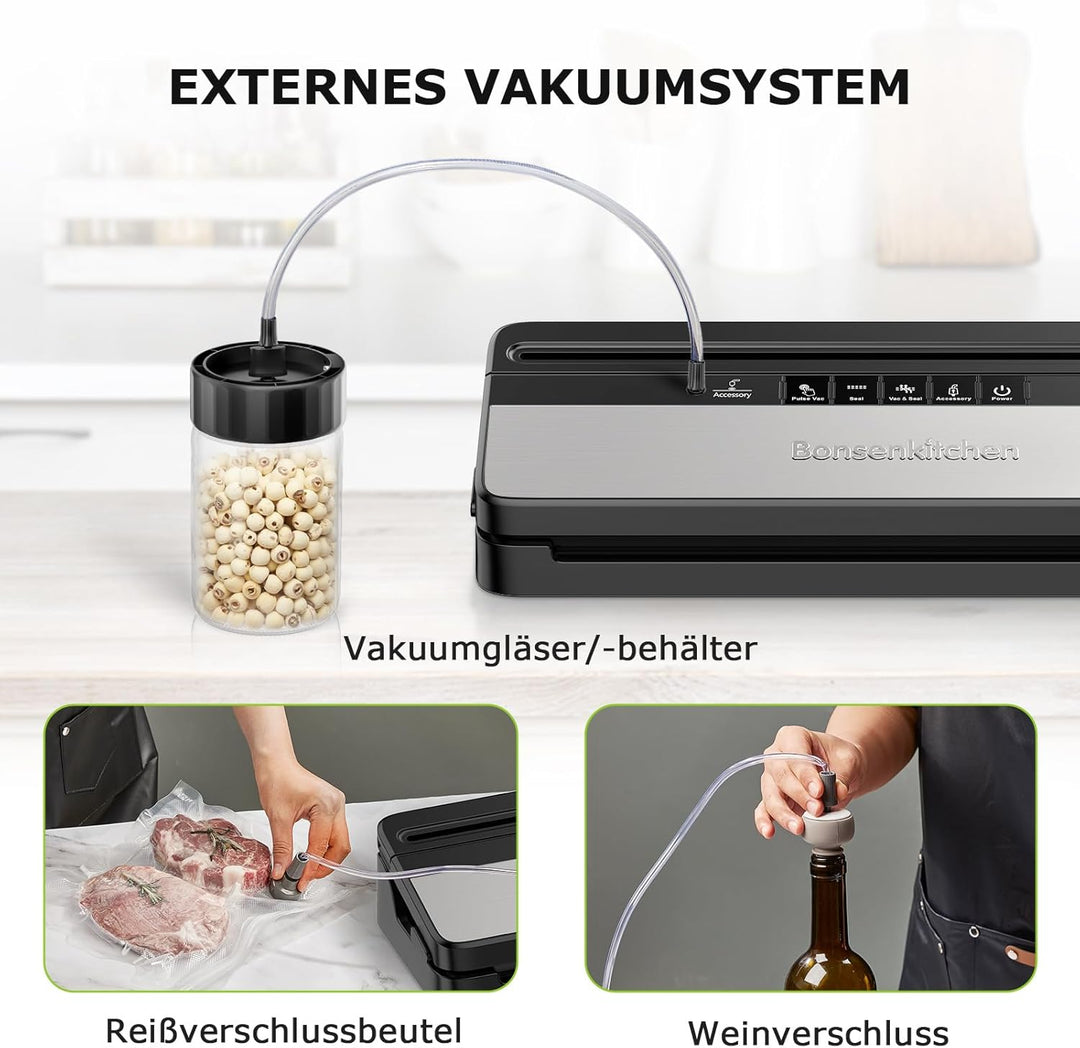 Vakuumiergerät, Multifunktions-Vakuumierer mit 50 Vakuumbeutel und 1 Vakuumrolle, Eingebautem Cutter