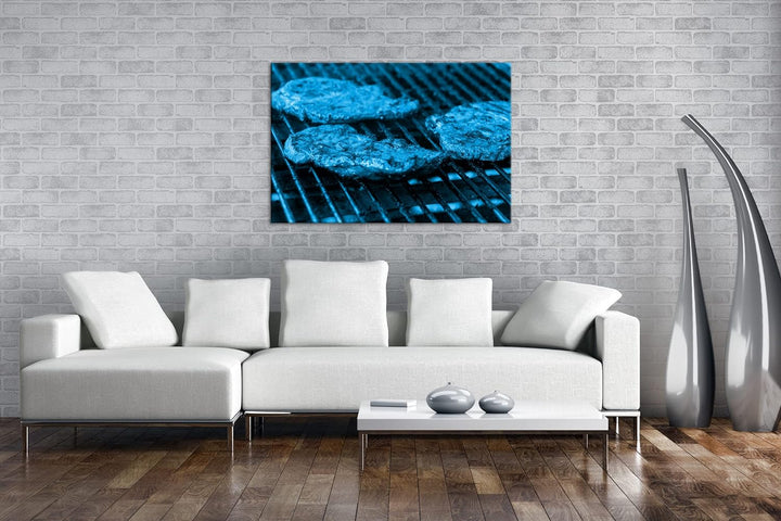 appetitliche Steaks auf dem Grill Format 100x70 Effekt: Monocrome Blau als Leinwandbild, Motiv ferti