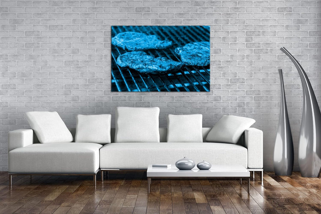 appetitliche Steaks auf dem Grill Format 100x70 Effekt: Monocrome Blau als Leinwandbild, Motiv ferti