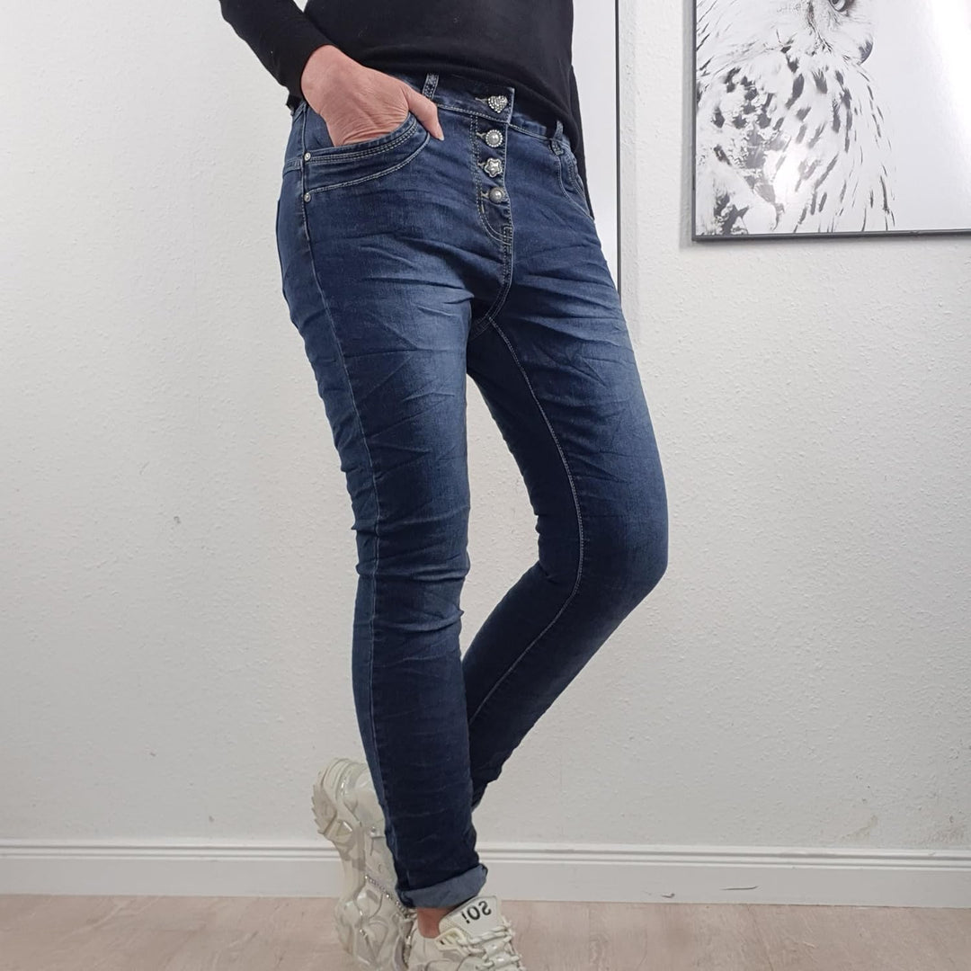 Jewelly Damen Boyfriend Stretch Jeans| Denim Hose für Frauen| 5-Pocket Bagggy Pants S Nice Buttons,