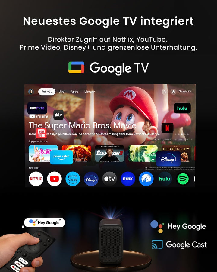 WEMAX Smart Beamer mit Google TV & Netflix Lizenziert, 500 ISO Lumen, 1080P (4K), 8-Punkt Auto-Keyst