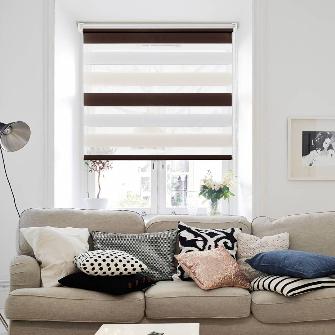 Deswell Doppelrollo Klemmfix ohne Bohren Weiss-Beige-Braun B90 x H140 cm (Stoffbreite 86cm) Rollos f
