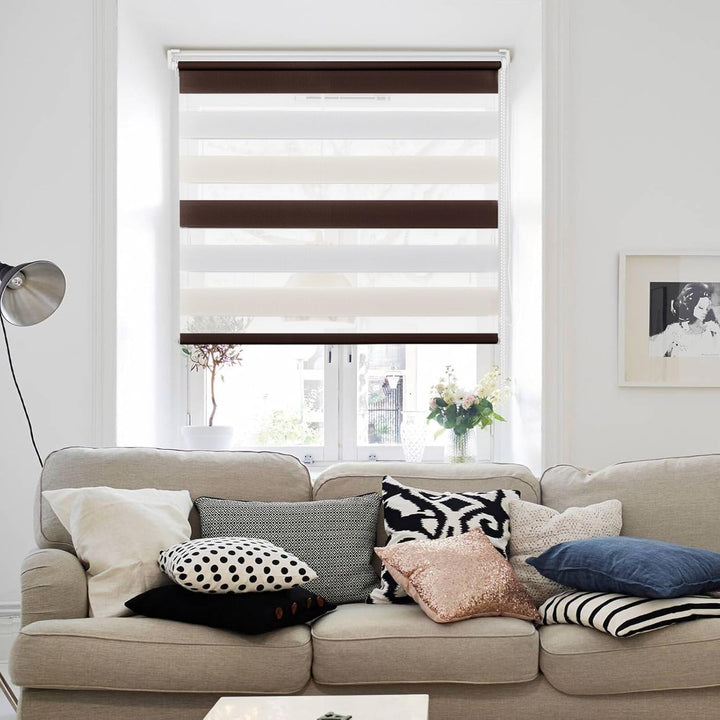 Deswell Doppelrollo Klemmfix ohne Bohren Weiss-Beige-Braun B90 x H140 cm (Stoffbreite 86cm) Rollos f