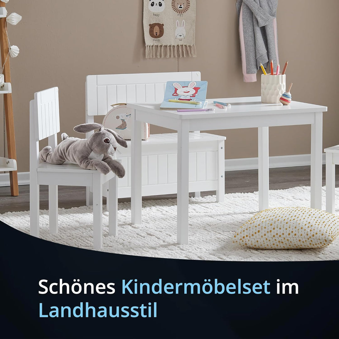 KHG Kinder-Möbel Set mit Tisch, Bank & Stuhl weiss Landhaus für Kinderzimmer, Pflegeleichte Oberfläc