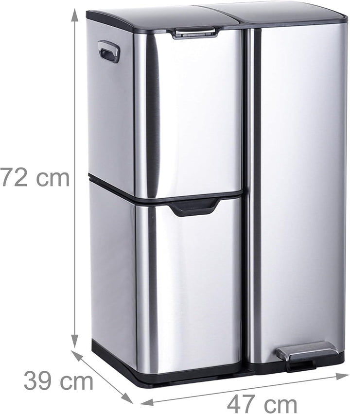 Relaxdays Mülleimer, 3 Fächer, 60 L, entnehmbare Inneneimer, Soft Close, Fusspedal, Edelstahl, Müllt