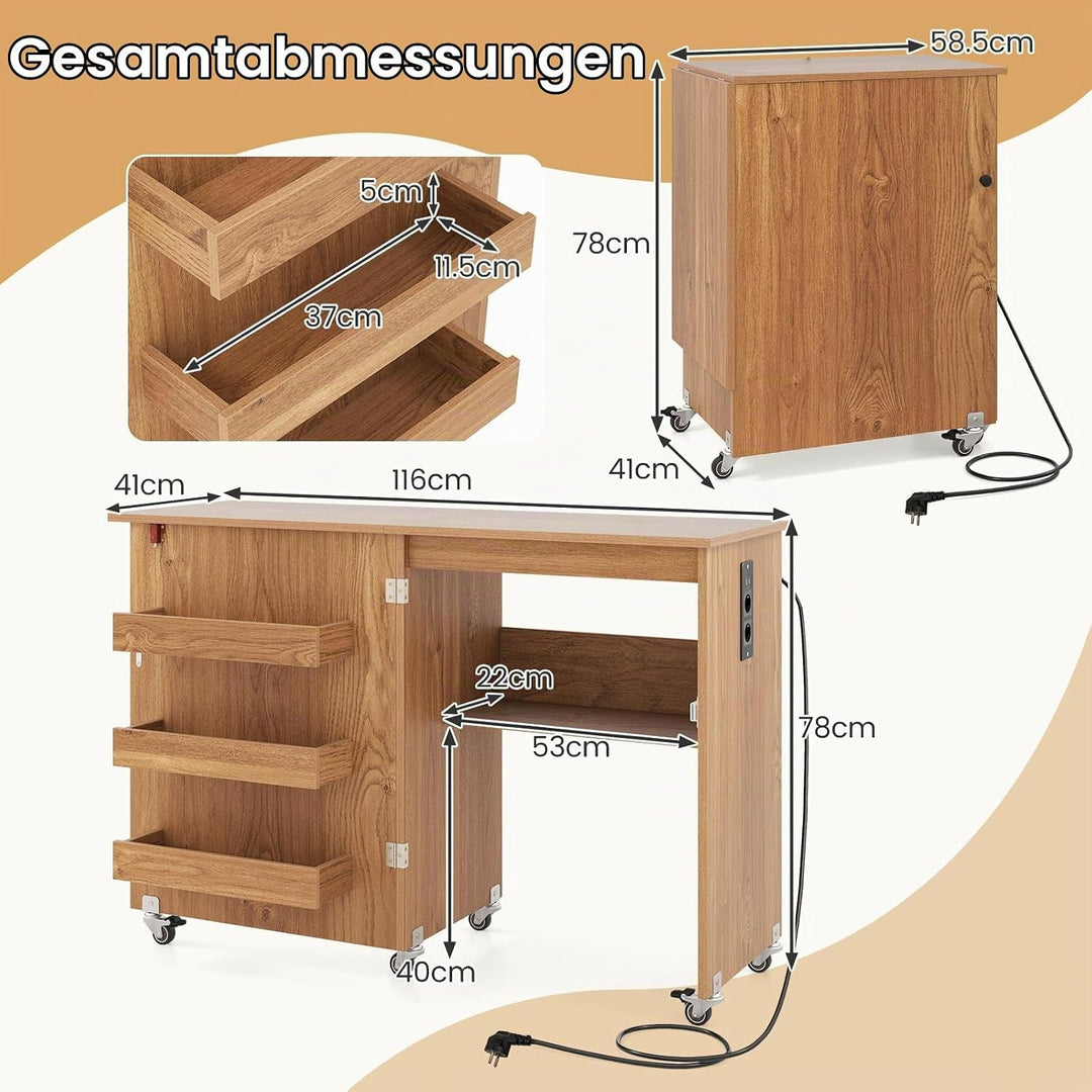 GIANTEX Nähtisch mit Ladestation, Nähmaschinentisch klappbar, Nähschrank mit Rollen, Nähmaschinensch