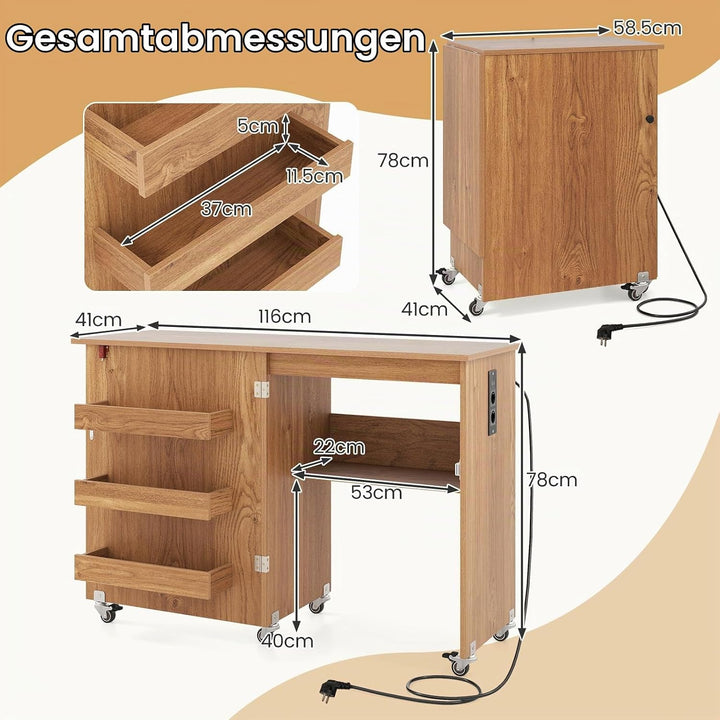 GIANTEX Nähtisch mit Ladestation, Nähmaschinentisch klappbar, Nähschrank mit Rollen, Nähmaschinensch