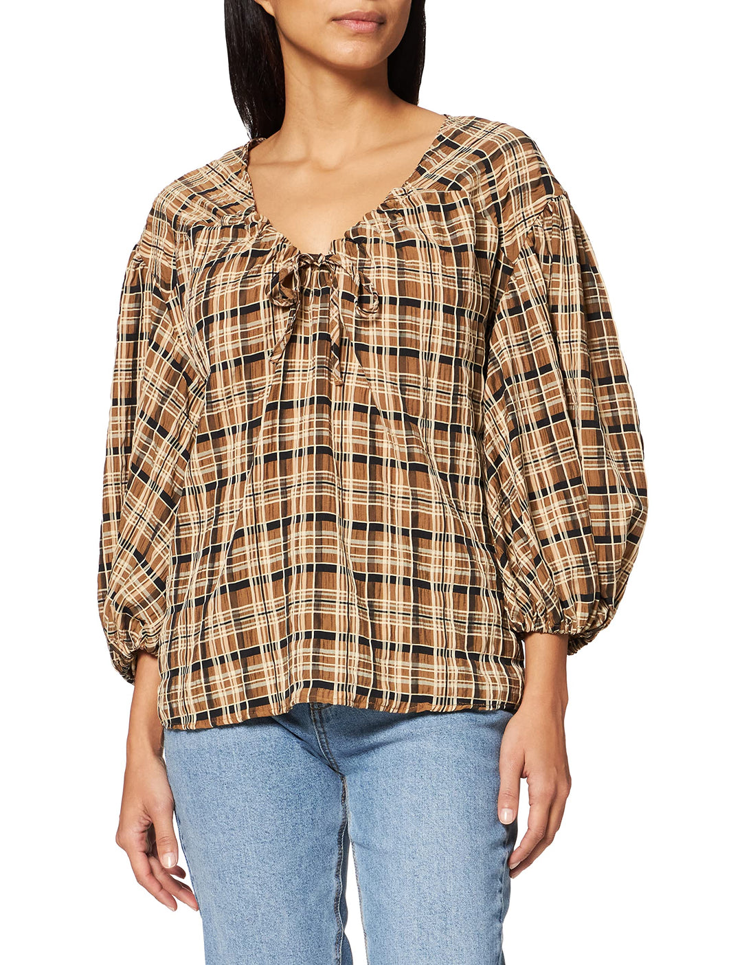 IPEKYOL Damen Baloon Sleeve Plaid Pattern Blouse 42 Brown, 42 Brown