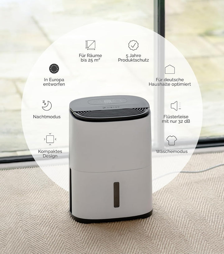MeacoDry Arete® One 6L Luftentfeuchter & Luftreiniger | Kompakt, Sehr leise mit 32 dB | Idealer Luft