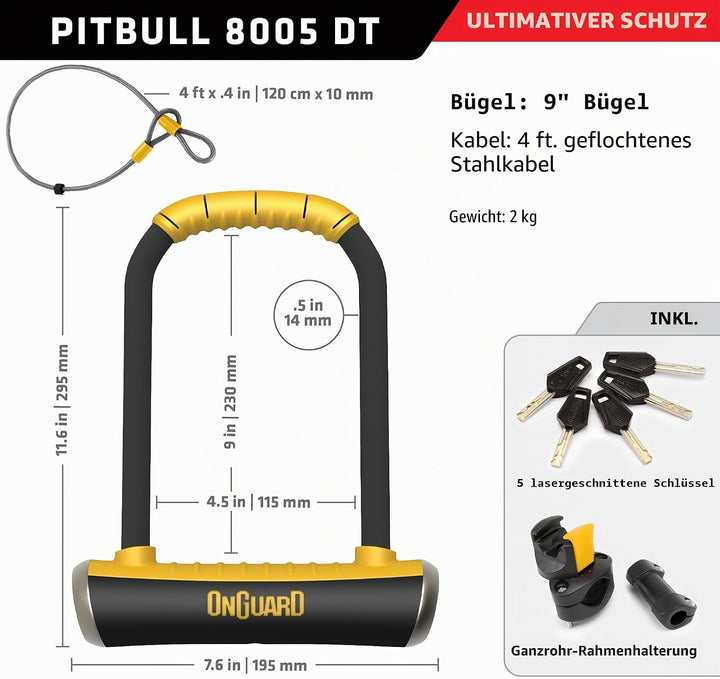 ONGUARD Pitbull Dt beugelslot, zwart, 115 mm x 230 mm x 14 mm + 120 cm x 10 mm, Schwarz Schwarz 115