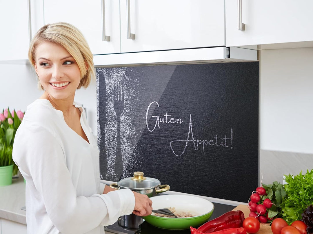 GRAZDesign Spritzschutz Küchenrückwand Glas Küche für Herd & Küchenspüle, Grau Guten Appetit Glaspla