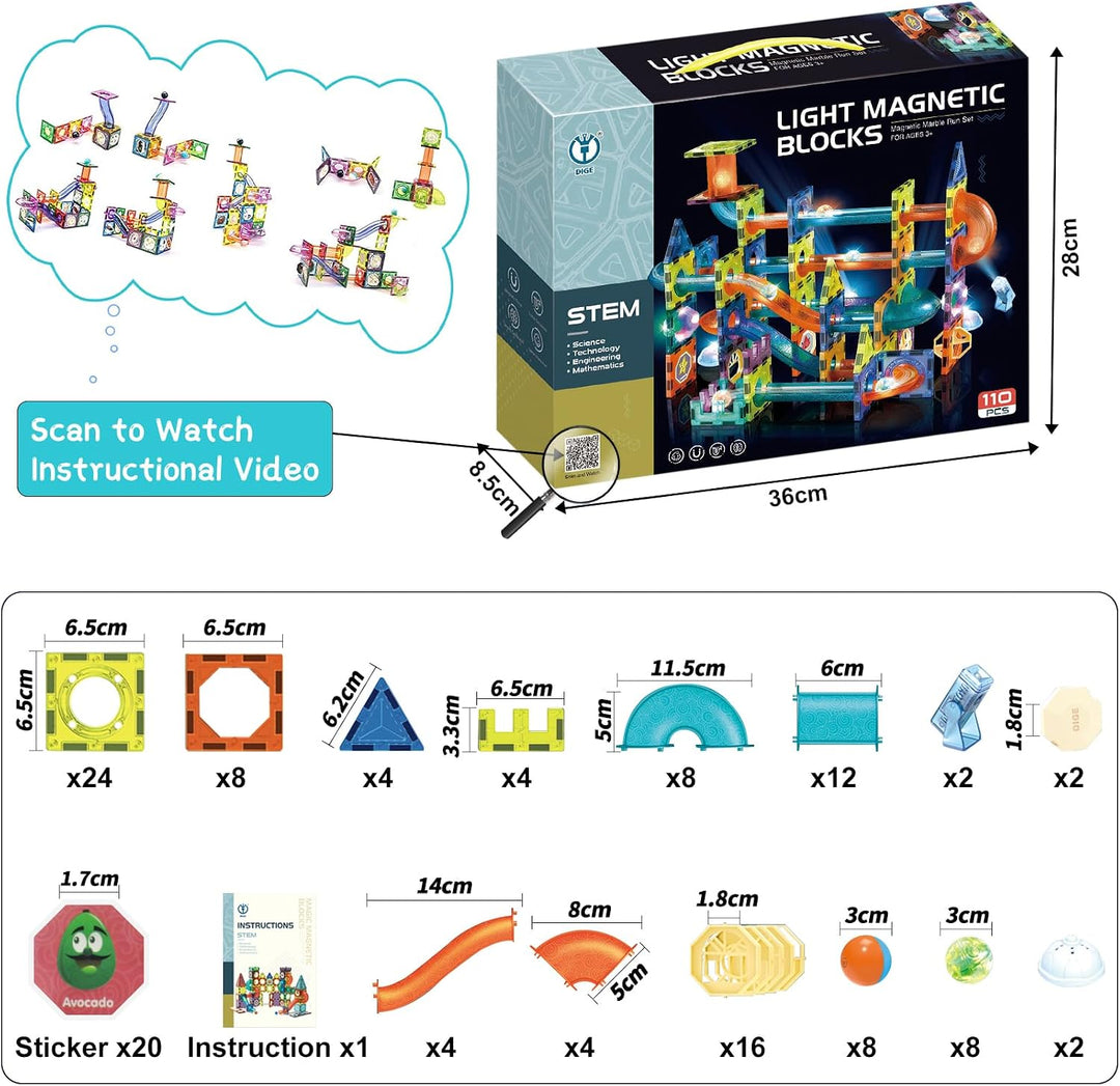 Jvchengxi Magnetische Bausteine, 110 Stücke STEM Konstruktion Fliese Magnet Blöcke Murmelbahn-Set Mo