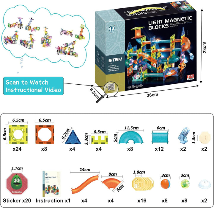 Jvchengxi Magnetische Bausteine, 110 Stücke STEM Konstruktion Fliese Magnet Blöcke Murmelbahn-Set Mo