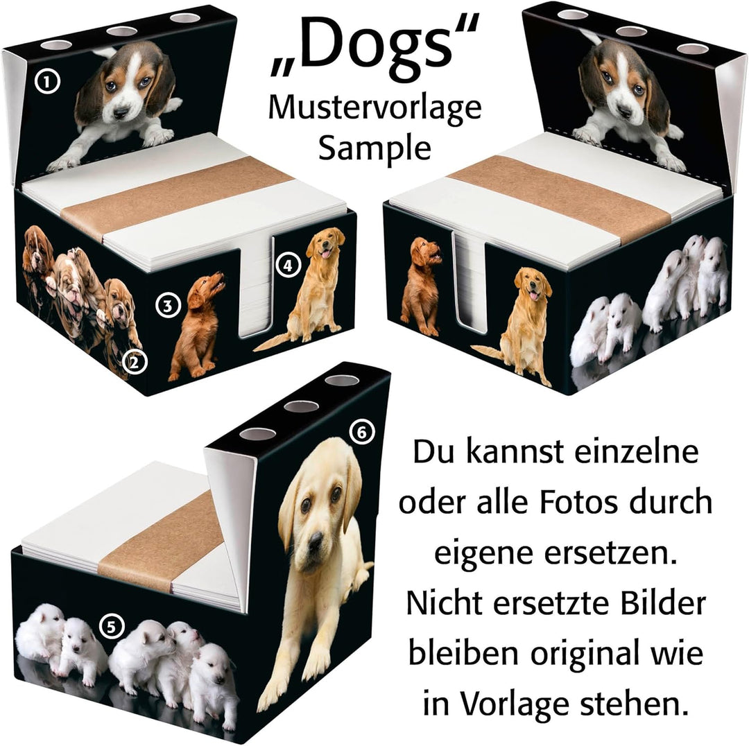 Zettelbox DOGS „handmade“, Schreibtisch organizer, mit deinen Fotos, stabil verarbeiteter 400g-Hartk