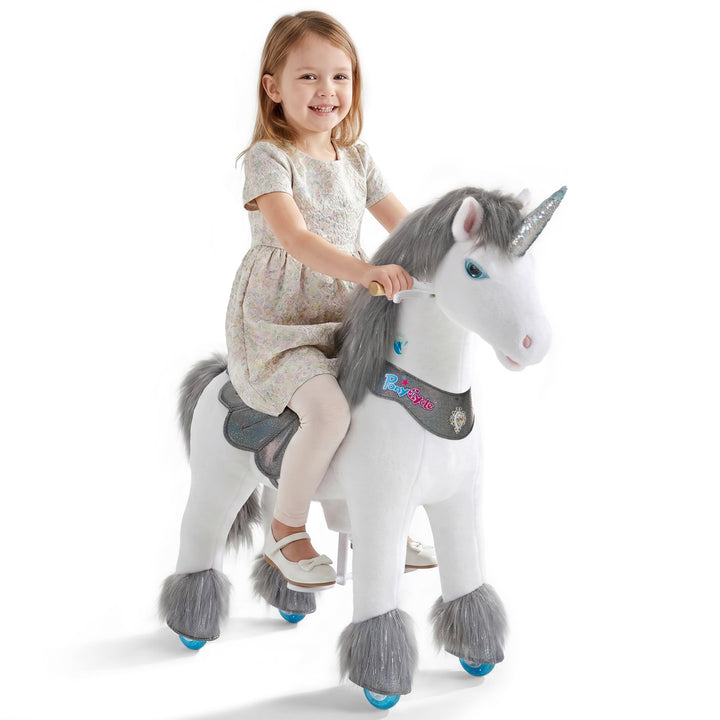 PonyCycle Modell Y Einhorn mit Rollen für Kinder 4–7 Jahre, Graues Reitbares Einhorn mit Sounds und