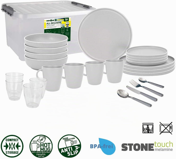 BRUNNER: Melamin Geschirr-Set Camping | 36-Teilig - Teller, Becher, Besteck & Gläser für 2-4 Persone