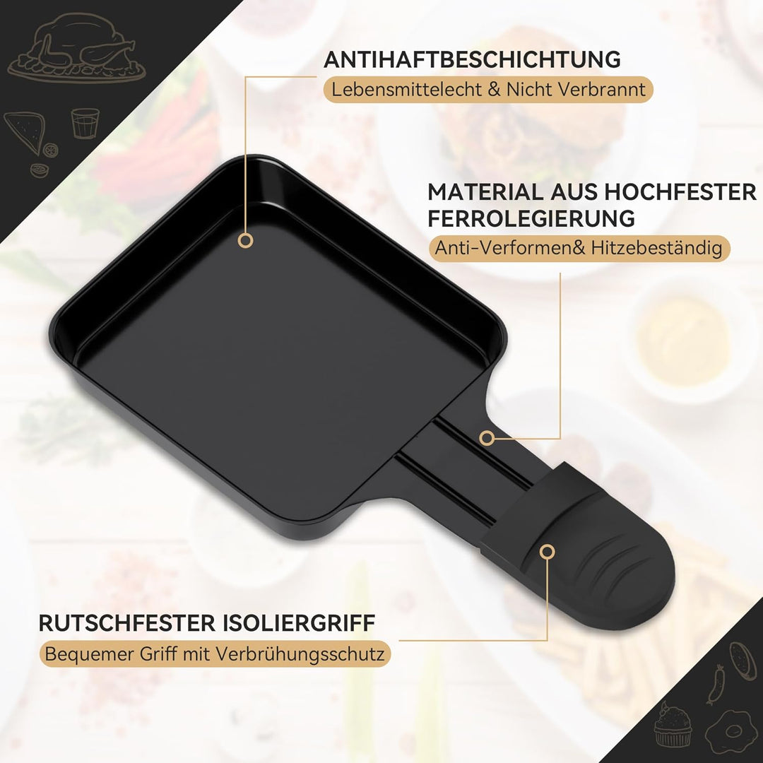 8 Stück Pfännchen für Raclette, Antihaftbeschichtet, Viereckig Mini mit 8 Schaufel Schwarz