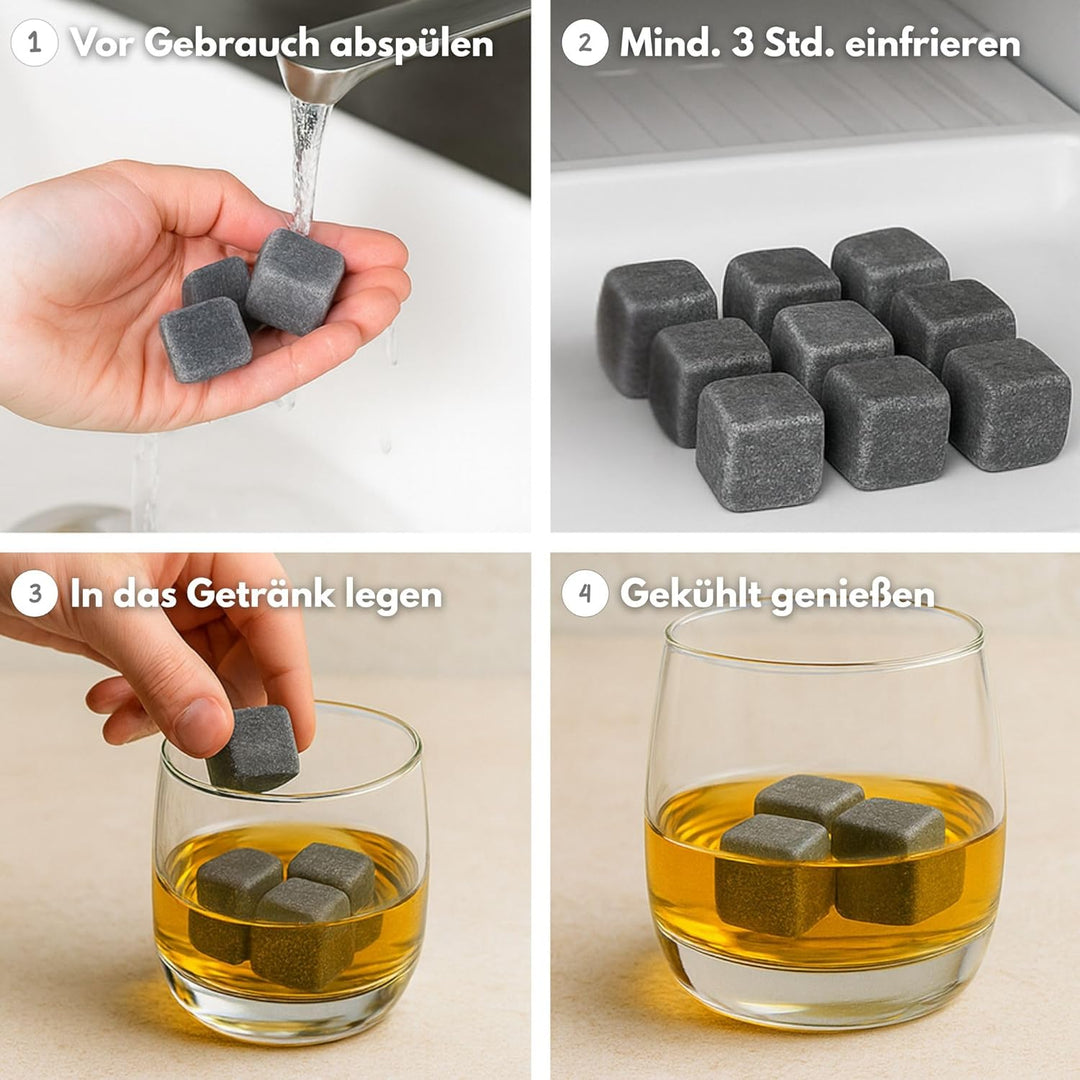 9 Stück Whisky Steine Set aus natürlichem Speckstein, on The Rocks Kühlsteine mit praktischen Stoffb