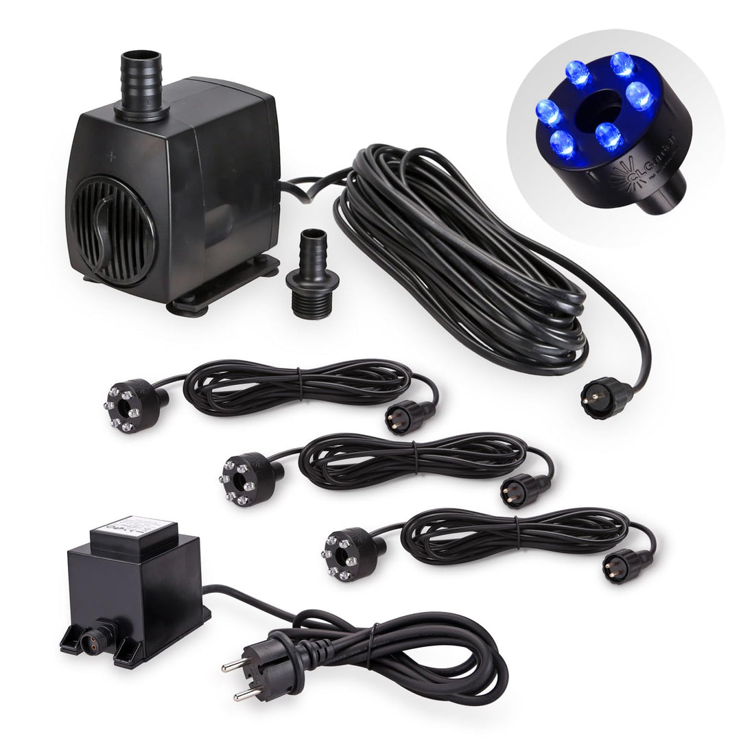 Springbrunnen Pumpe SP3 mit Licht 3x LED Ring Beleuchtung blau 12V Springbrunnenpumpe für Gartenbrun