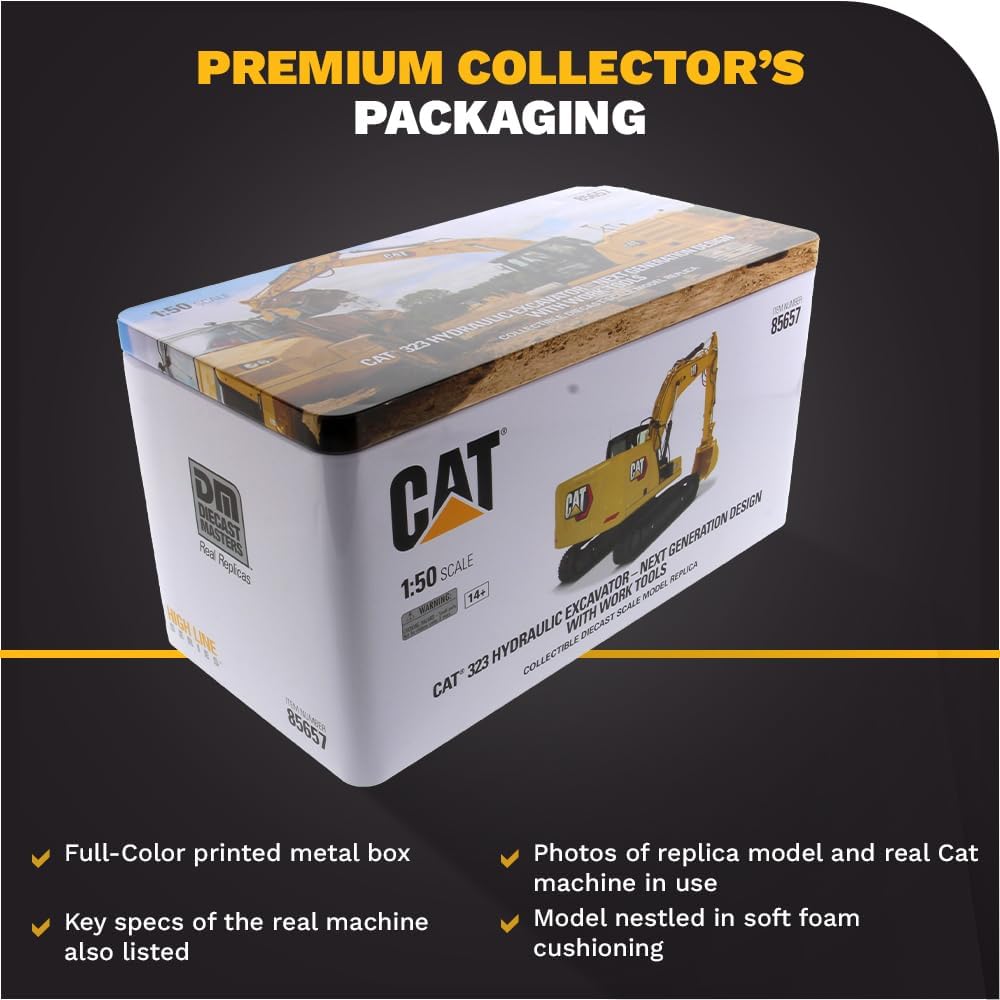 Diecast Masters 85657 - Caterpillar Bagger mit 4 Werkzeugen 323 HEX, Massstab 1:50, ca. 9,5 x 3,4 x