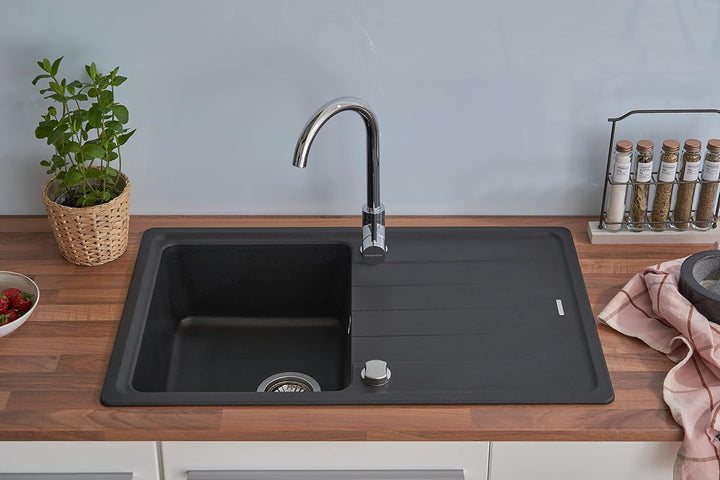 respekta Columbia Granitspüle in Schwarz / 1 Becken Einbauspüle in 78 x 50 cm/Spülbecken geeignet fü