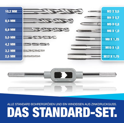 NTG Gewindeschneider Set aus HSS Stahl | - 16 tlg. Gewindebohrer Set in Grössen von M3 - M12 inkl. W