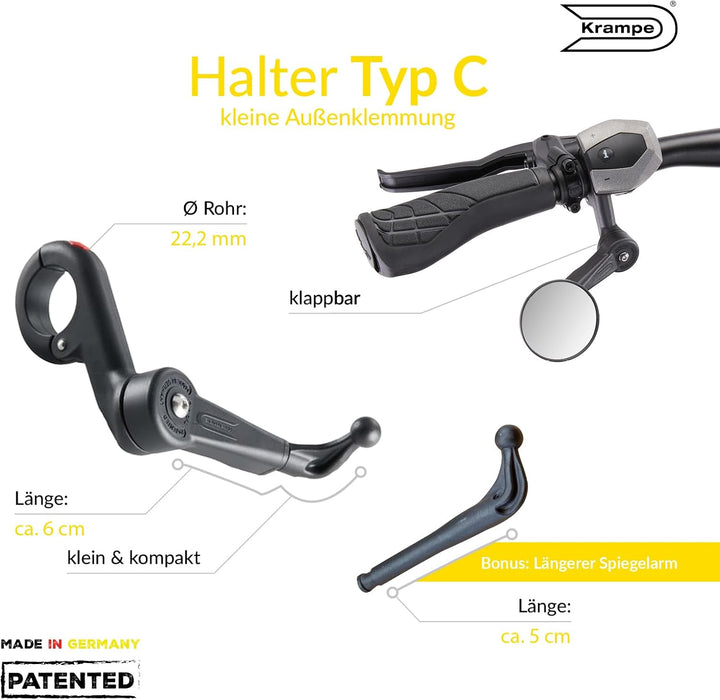 Krampe KF Mini Typ B | kleiner einklappbarer Fahrradspiegel | links und rechts montierbar | für alle