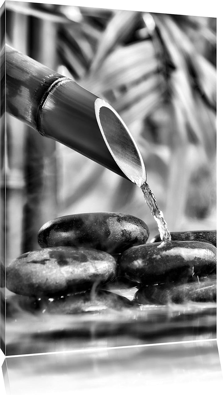 Pixxprint Monocrome, Bambusbrunnen mit Steinen, Format: 100x70 auf Leinwand, 100x70