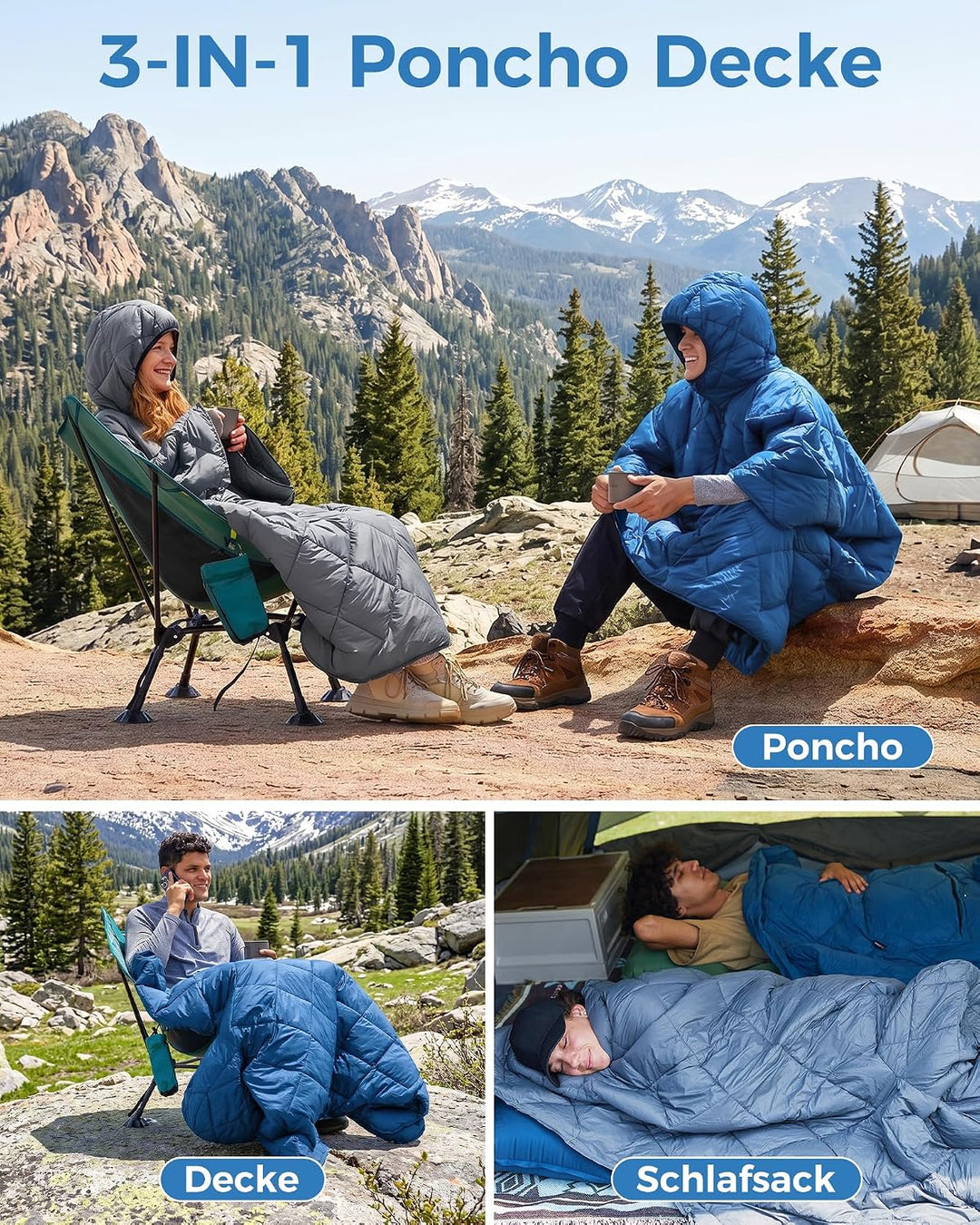 ATEPA Camping Decke Poncho, Ultraleicht Blau, Blau
