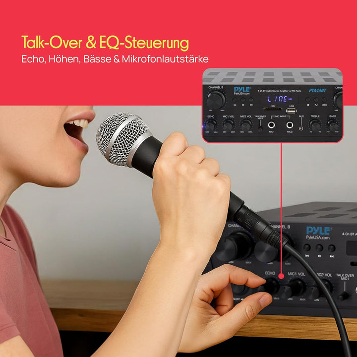 Pyle Bluetooth Stereo Verstärker 500W – 4-Kanal Mini Receiver mit USB, AUX, FM-Radio, Subwoofer RCA