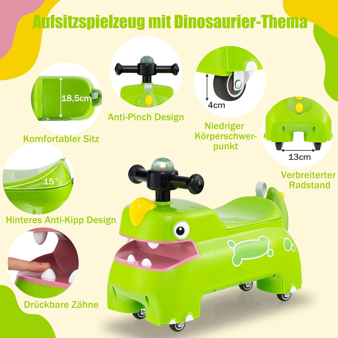 DREAMADE Rutschauto, Dinosaurier Rutschfahrzeug mit Hupe, Musik, Lichtern, Stauraum unter dem Sitz &