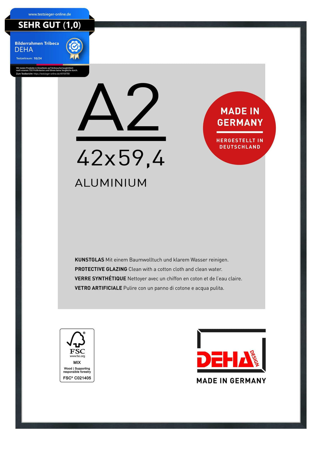 DEHA Design Bilderrahmen Tribeca, A2 42x59,4 cm, Aluminium Schwarz Matt, bruchsicheres Acrylglas, fü