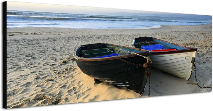 Paul Sinus Art Panoramabild auf Leinwand und Keilrahmen 150x50cm Meer Strand Sand Fischerboote