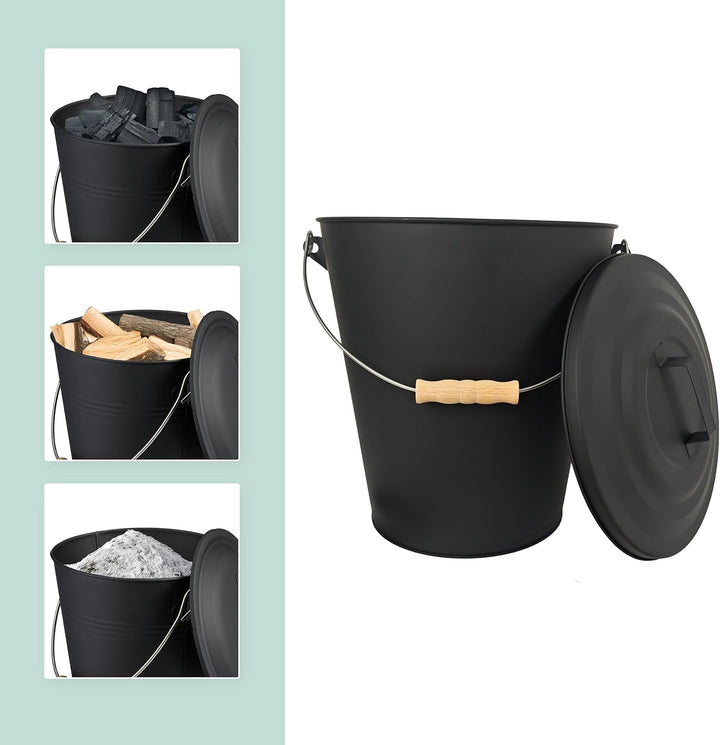 Relaxdays Ascheeimer mit Deckel, 24 Liter, inkl. Aschebesen &amp; Kaminschaufel, Aschebehälter mit Henke