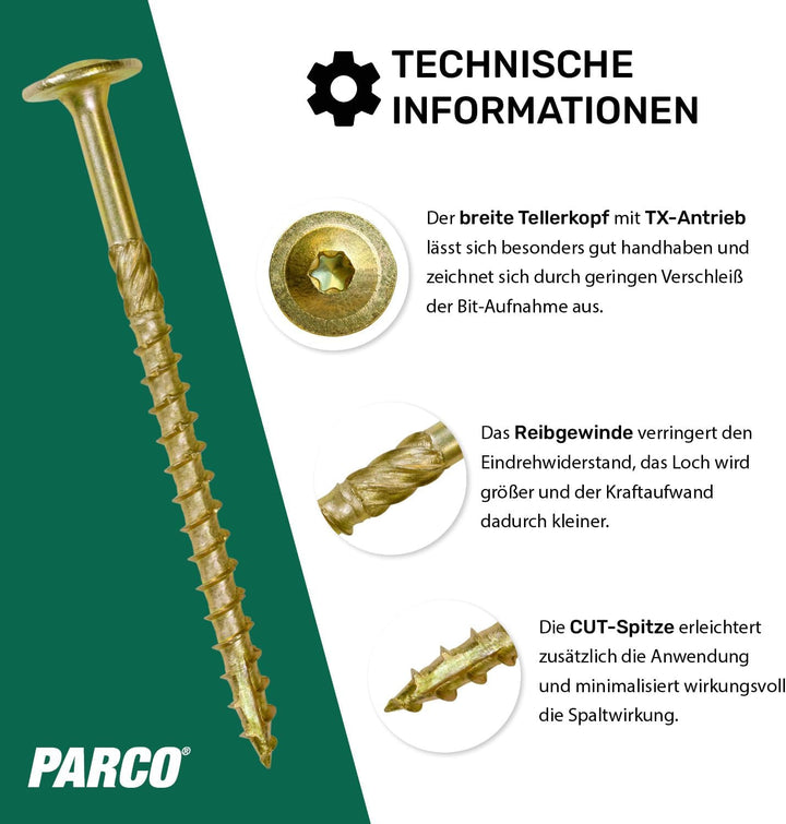 PARCO Tellerkopfschrauben 8,0 x 300 mm, 50 Stück, TX40 Verzinkt, CUT-Spitze, Holzbauschrauben für Ko