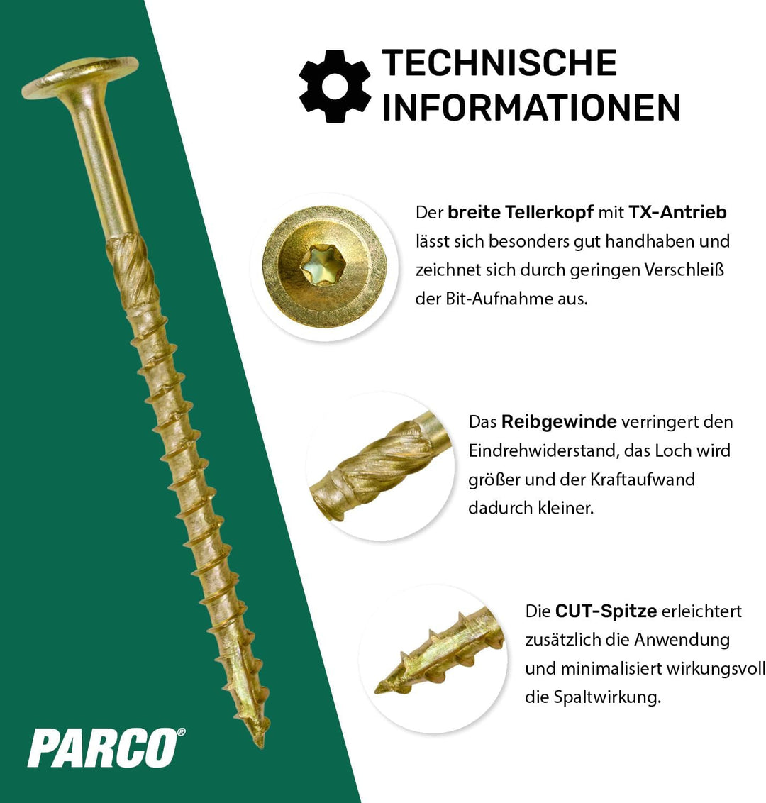 PARCO Tellerkopfschrauben 8,0 x 340 mm, 50 Stück, TX40 Verzinkt, CUT-Spitze, Holzbauschrauben für Ko