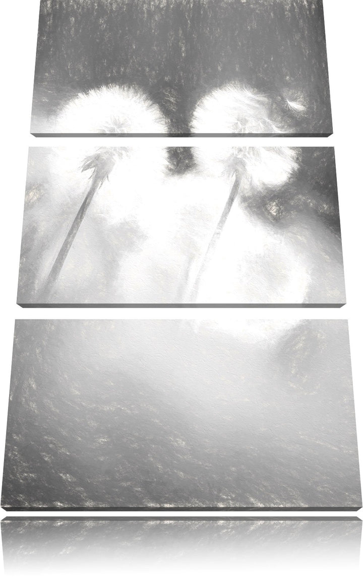 Pixxprint Pusteblumen im morgendlichen Wind Kunst Kohle Effekt 3-Teiler Leinwandbild 120x80 Bild auf