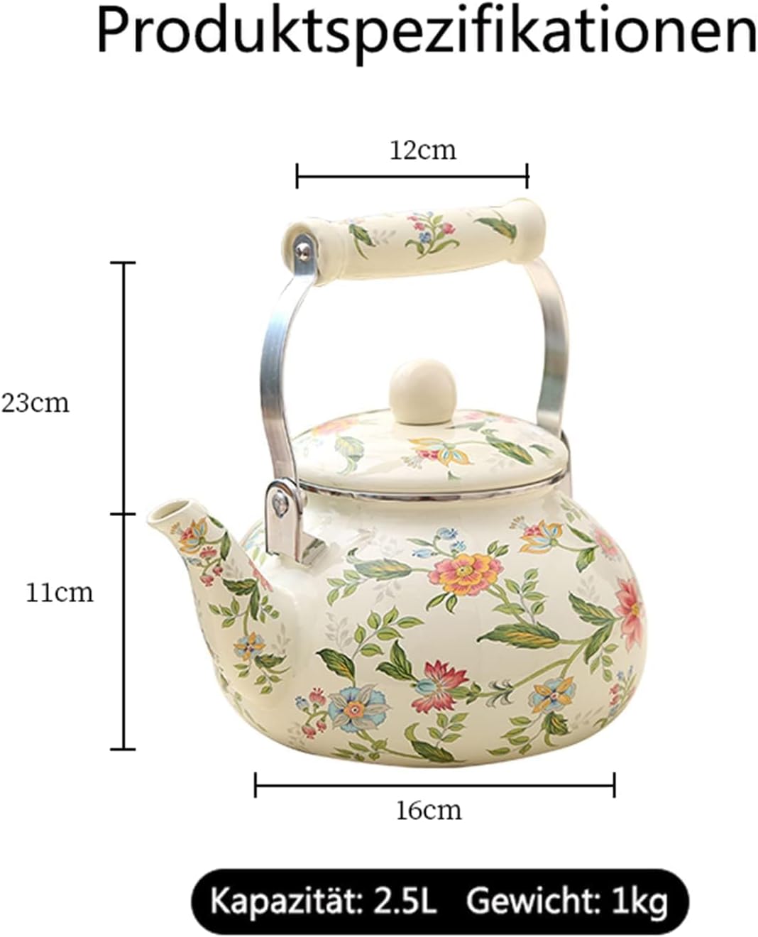 Teekessel Emaille Geschirr Kaffeekanne 2.4L Camping Wasserkessel für Induktion und Gasherd, Topf Gri