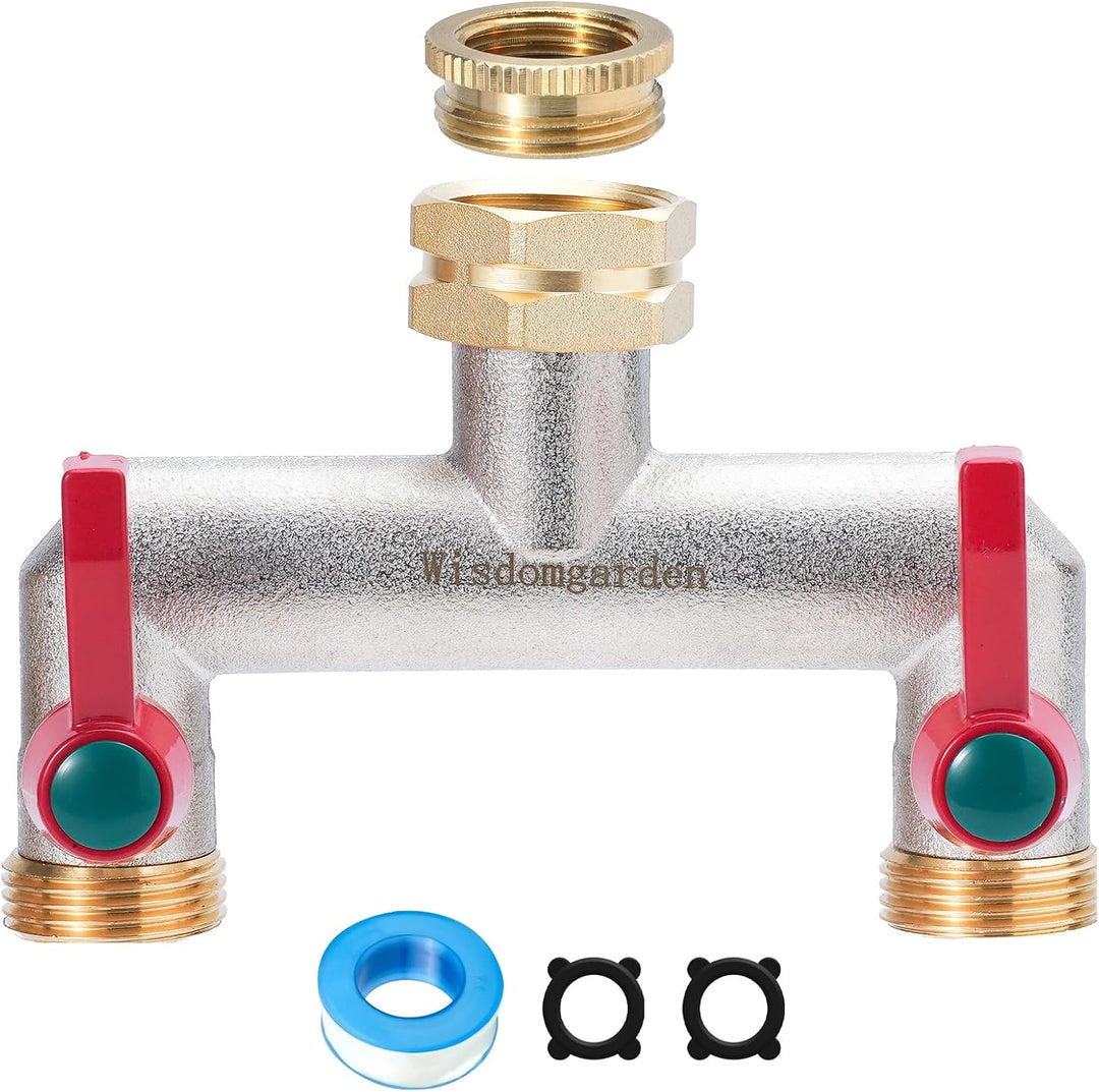 Wisdomgarden Wasserverteiler 2fach, Schwere Vernickelt Messing gartenschlauch verteiler, 2 wege vert