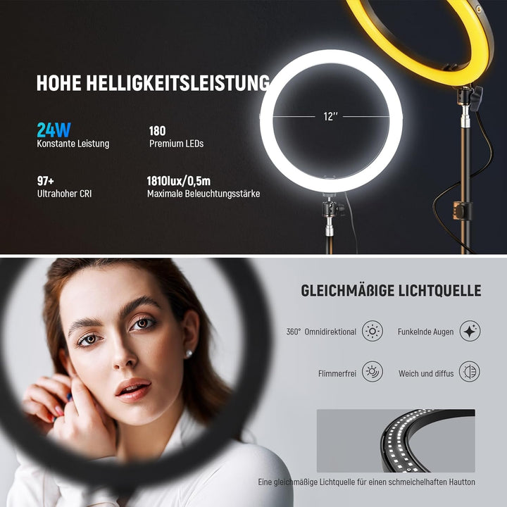 NEEWER 30,5cm(12Zoll) 24W Hochleistungs LED Ringlicht für Telefon mit 181 Zoll Halterung Bicolor 290