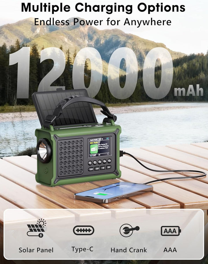 ROCAM Tragbares DAB+ Radio mit Bluetooth, 12000mAh Kurbelradio mit 8500mm² Solarpanel & 650mA Kurbel
