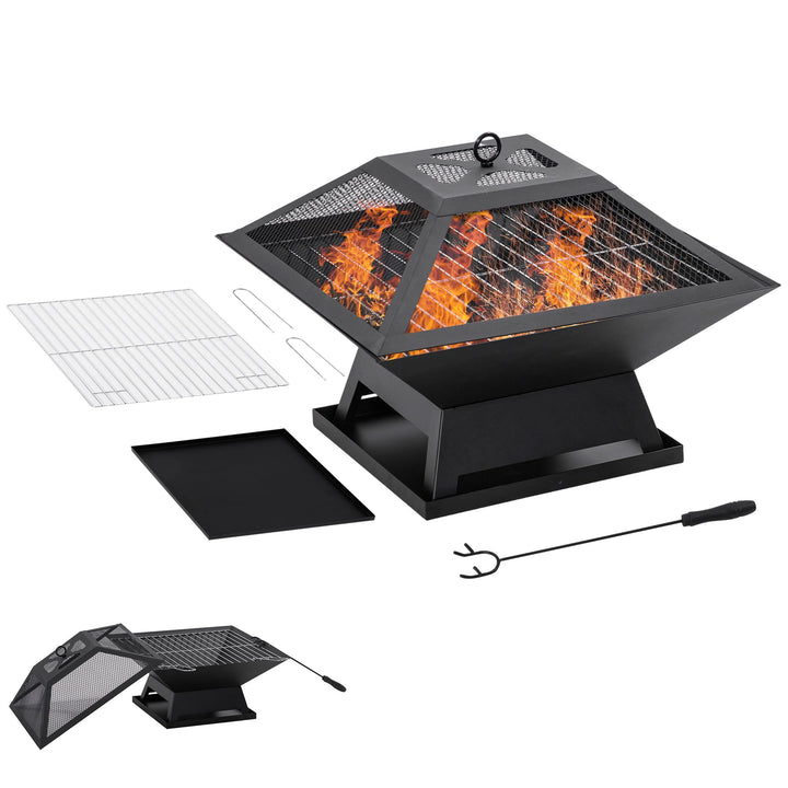 Outsunny Feuerschale mit Funkenschutz Grillrost Schürhaken Feuerkorb Feuerstelle für Garten Camping