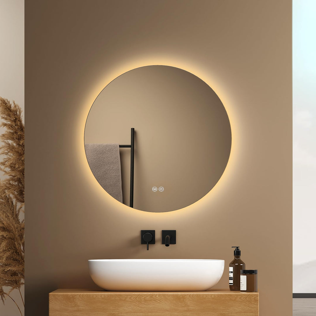 EMKE Badspiegel mit Beleuchtung Rund 50cm Badezimmerspiegel mit 3 Lichtfarbe dimmbar, Touch, Speiche
