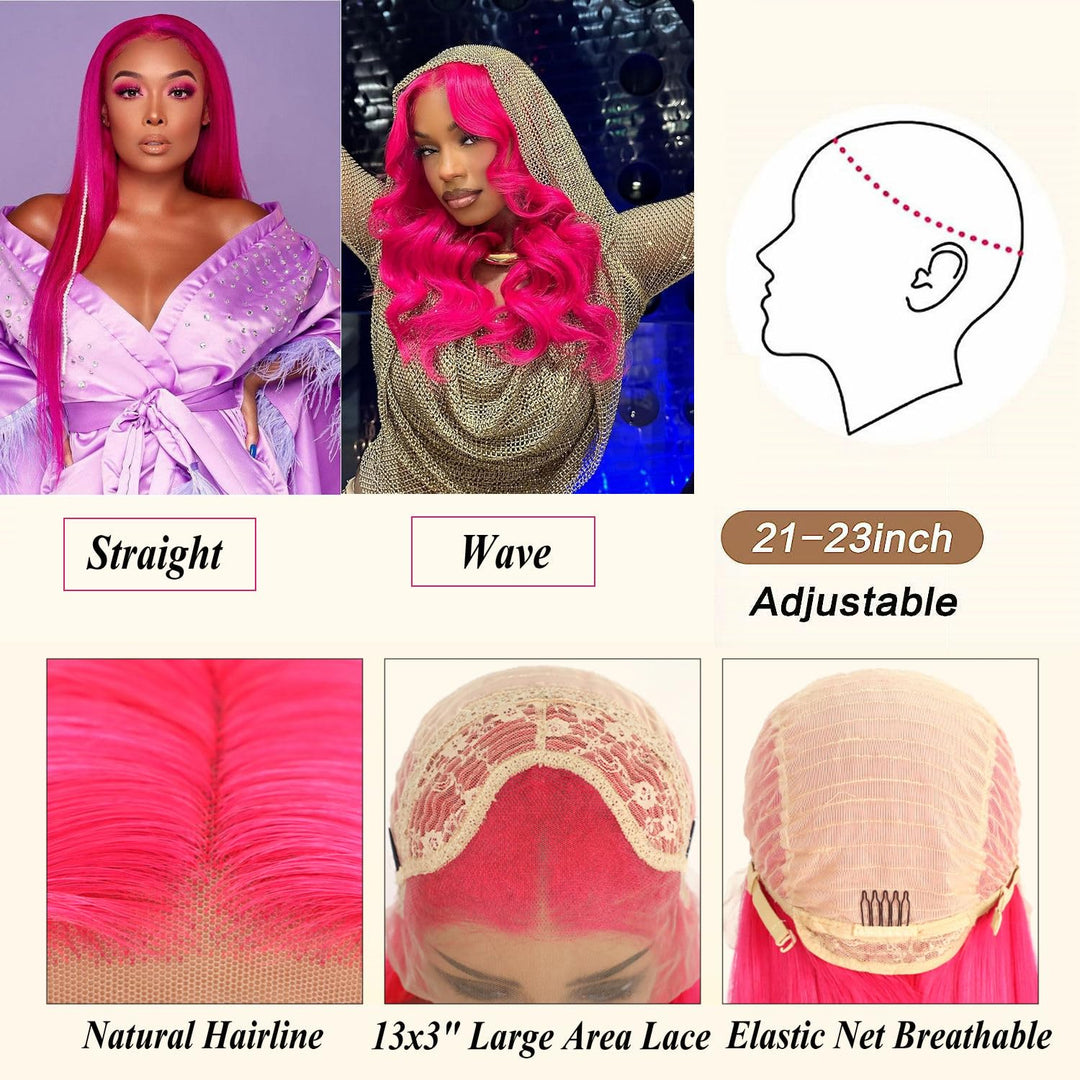 Hellrosa Perücke, lang, glatt, synthetische Lace-Front-Perücke für Damen, Hot Red Pink, halb handgek