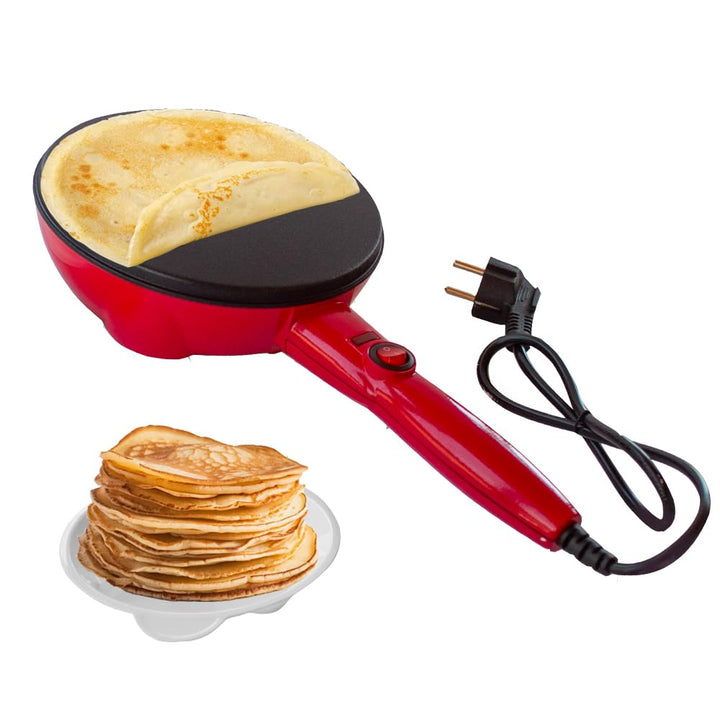 BEHOME Elektrische Crêpe-Pfanne mit Griff für Crepes, antihaftbeschichtet, 800 W, 20 cm, Rot