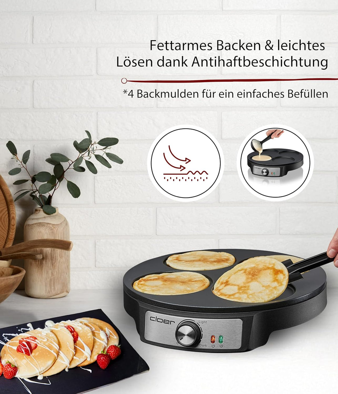 Cloer 6625 Pancake Maker, Mini Pancakes, für 4 kleine Pfannkuchen je 11 cm Ø, 1200 W, Antihaftbeschi