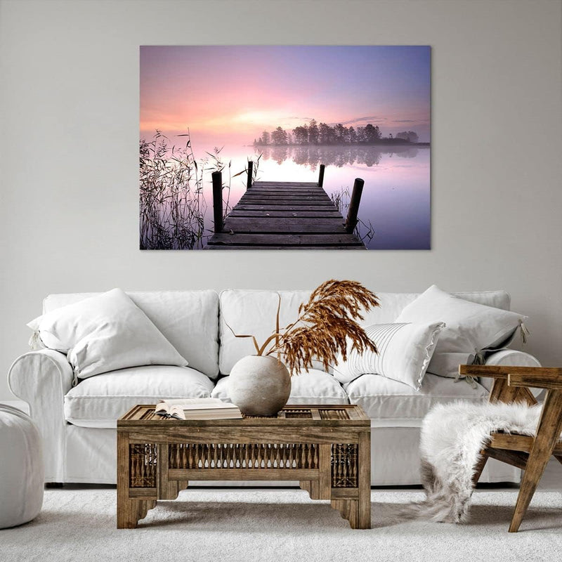 Bilder auf Leinwand 100x70cm Leinwandbild Morgen Sonnenaufgang Nebel See Gross Wanddeko Bild Schlafz