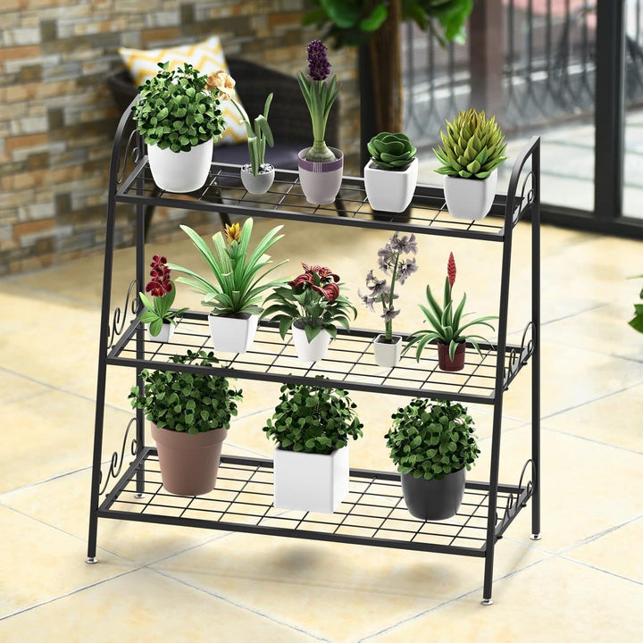 GOPLUS 3 Ebenen Metall Pflanzenständer, Blumentreppe Outdoor, Blumenregal Pflanzentreppe für Garten