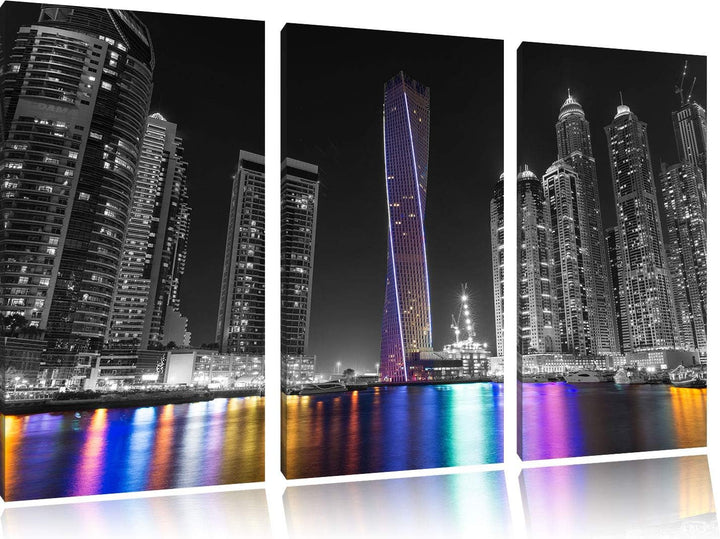 Pixxprint Skyline von Dubai bei Nacht als Leinwandbild | Grösse: 3 Teilig (120x80) | Wandbild| Kunst