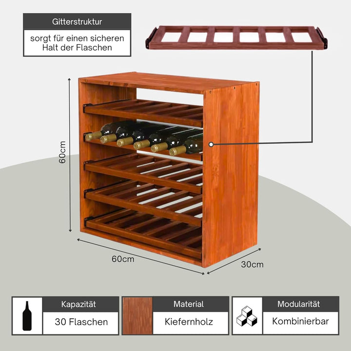 PROREGAL Modulares Weinregal VINCELLAR MOD | HxBxT 60x60x30cm | Auszug Modul für 30 Flaschen | mit a